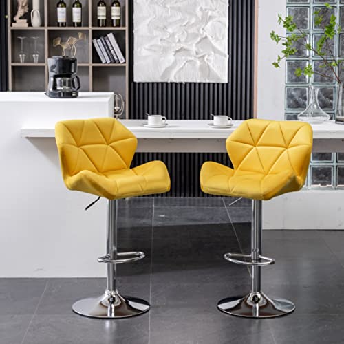 Roundhill Furniture Breni Velvet Diamond Tufted Swivel Adjustable Height Barstools Set of 2 Yellow