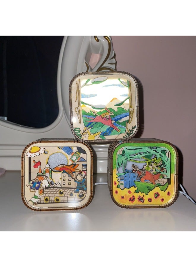 Cartoon Hot Diy Colored Night Light Creative Graffiti Wooden Three-dimensional Puzzle Assembled Toys-Color:L0106P-6 Forest Deer - Image 3