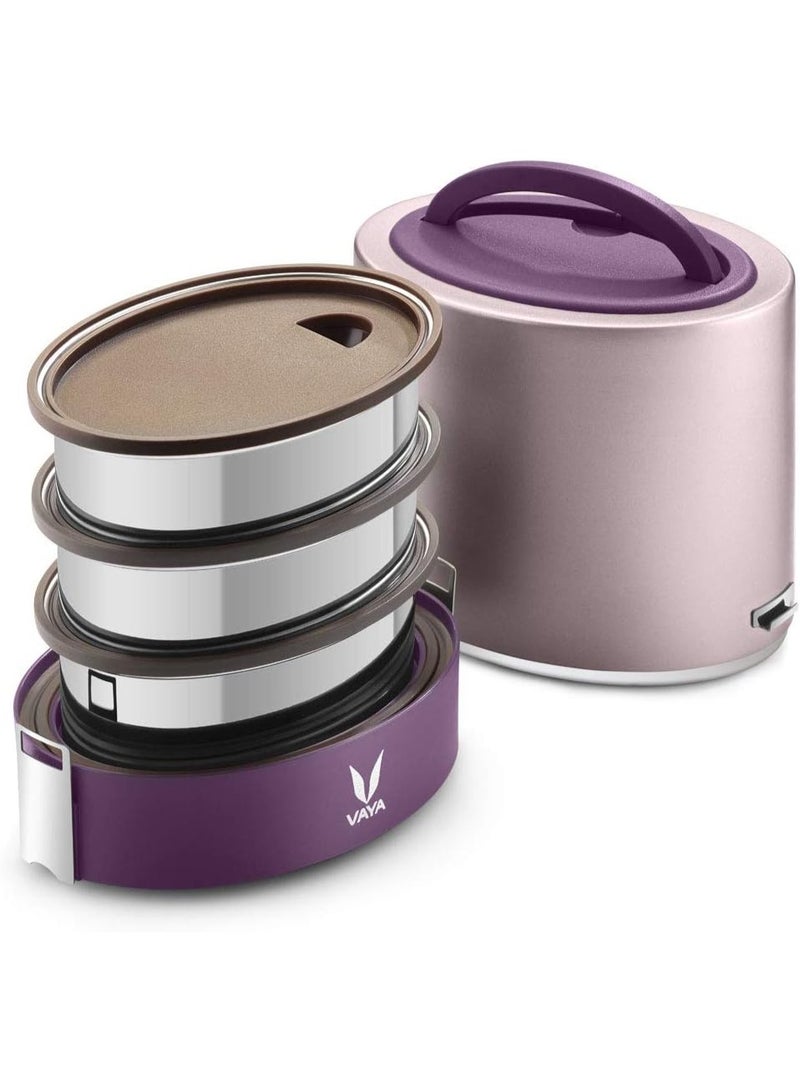 Vaya Tyffyn Polished Stainless Steel Lunch Box Without Bagmat, 1000 ml, 3 Containers, Purple - Image 3
