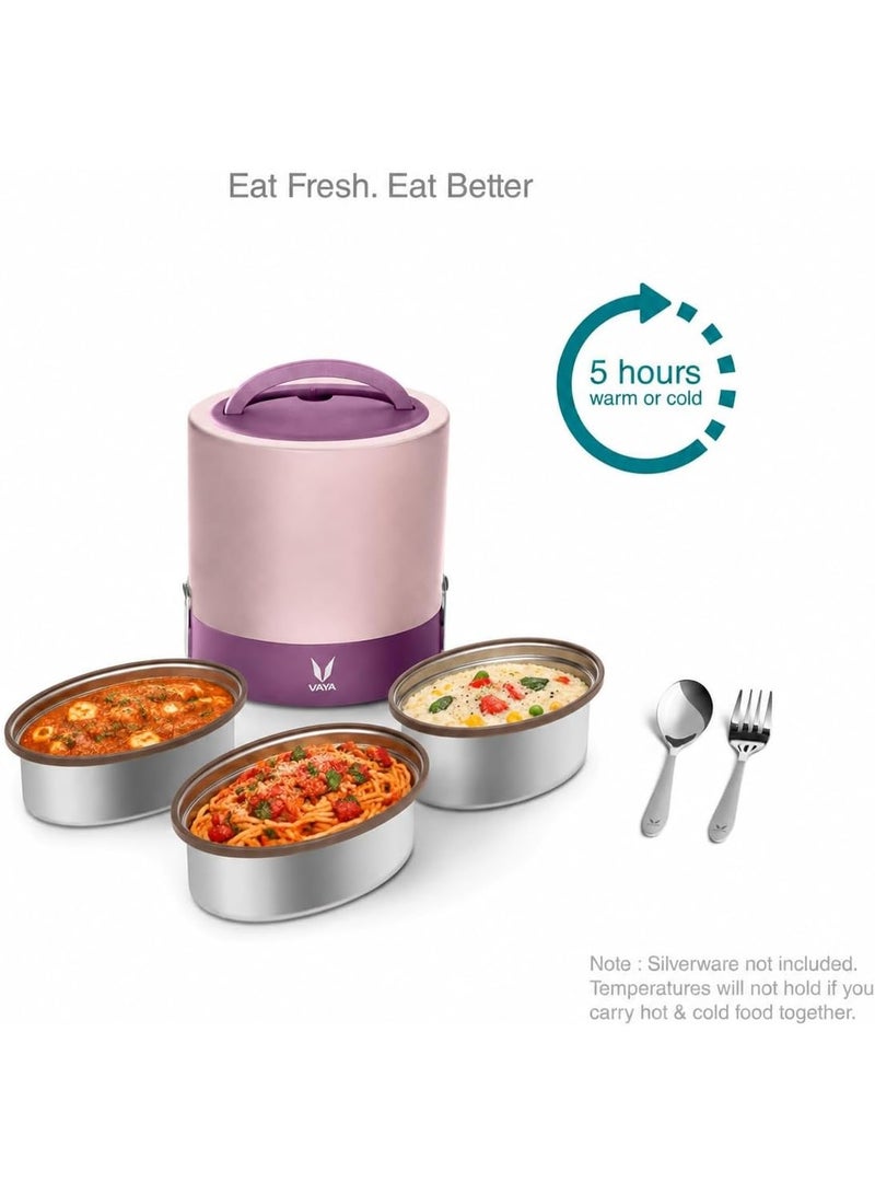 Vaya Tyffyn Polished Stainless Steel Lunch Box Without Bagmat, 1000 ml, 3 Containers, Purple - Image 1