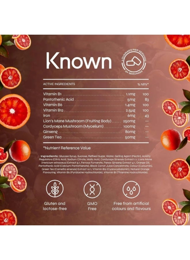 Known Tasty Brain Mushrooms Gummies – Lion’s Mane, Cordyceps, B Vitamins for Energy & Focus, Natural Orange Flavour – 60 Vegan Gummies, 1 Month Supply - Image 2