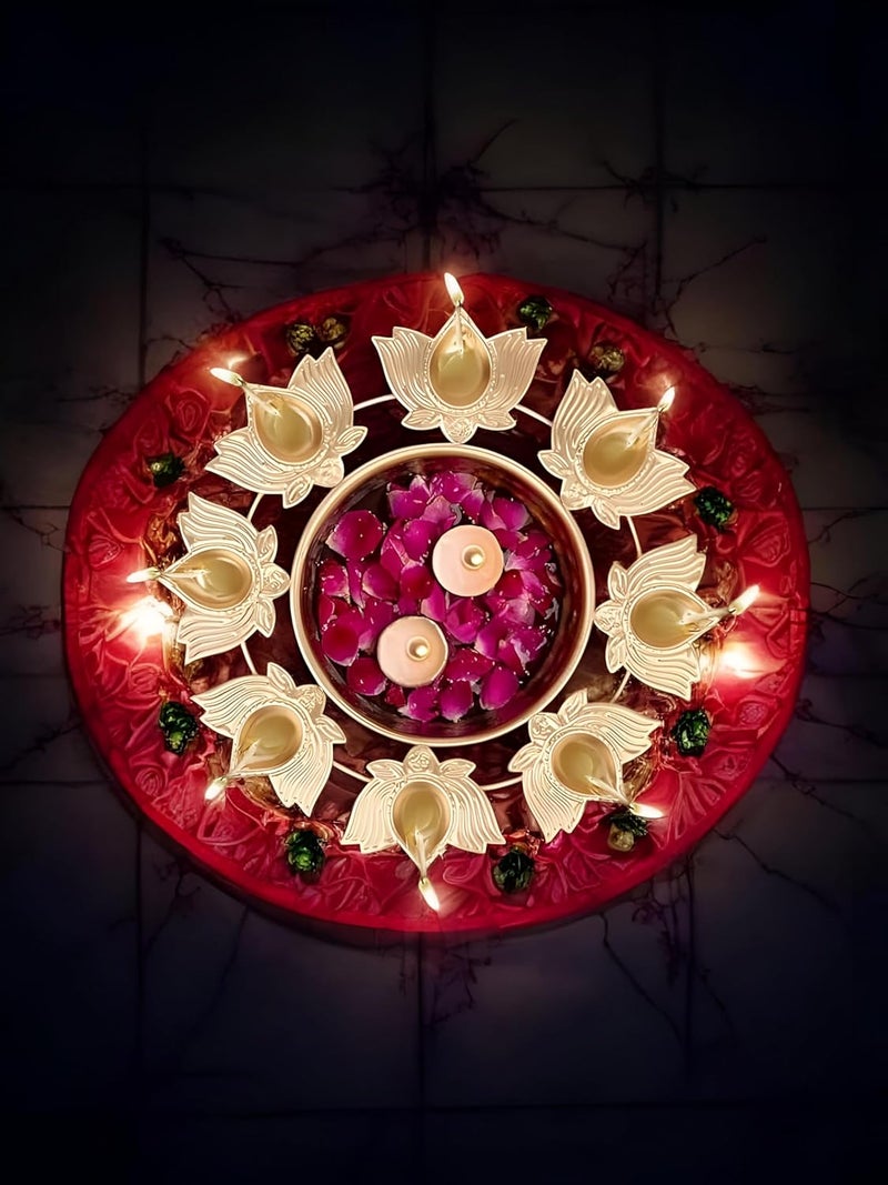 Lotus Diya Urli Bowl 12 Inch Floating Flowers with 8 Tea Light Candle Holders Metal Decorative Handcrafted Bowl for Home Living Room Office Wedding Diwali Decoration KamalLotus Urli Bowl  - Image 3