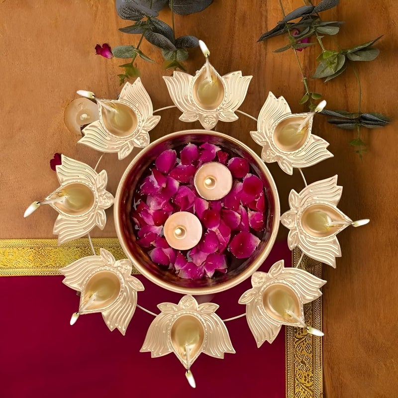 Lotus Diya Urli Bowl 12 Inch Floating Flowers with 8 Tea Light Candle Holders Metal Decorative Handcrafted Bowl for Home Living Room Office Wedding Diwali Decoration KamalLotus Urli Bowl  - Image 1