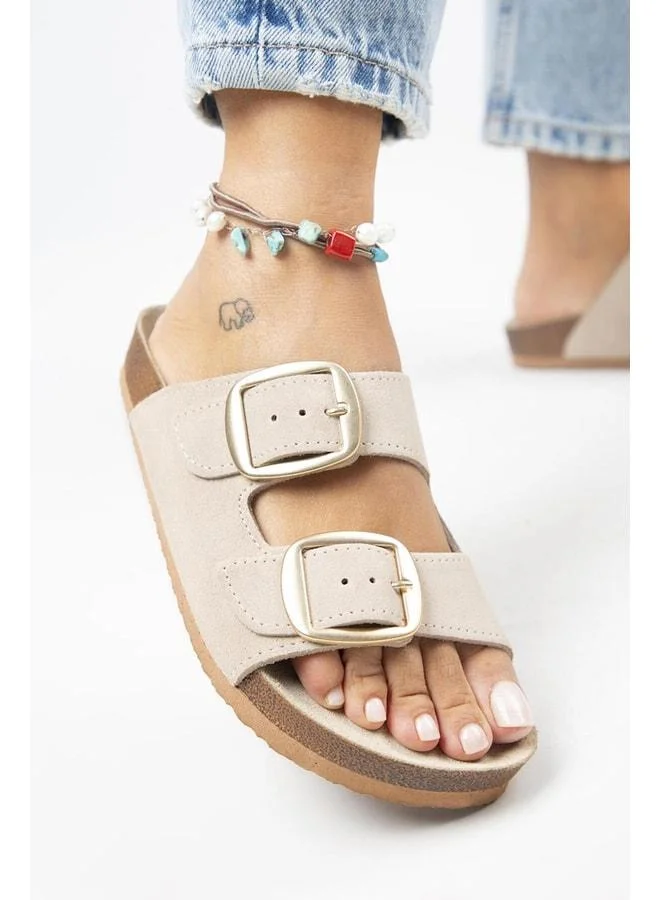 Irene Women's Genuine Leather Double Buckle Beige Slippers - Beige