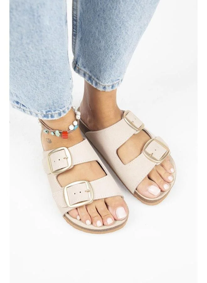 Manijero  Irene Women's Genuine Leather Double Buckle Beige Slippers - Beige for Women | Best Price UAE