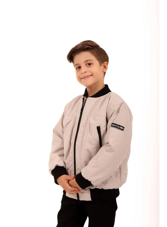 Perendi Beige Boy's Bomber Jacket with Emblem.