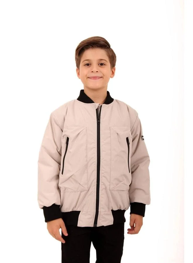 Perendi Beige Boy's Bomber Jacket with Emblem.