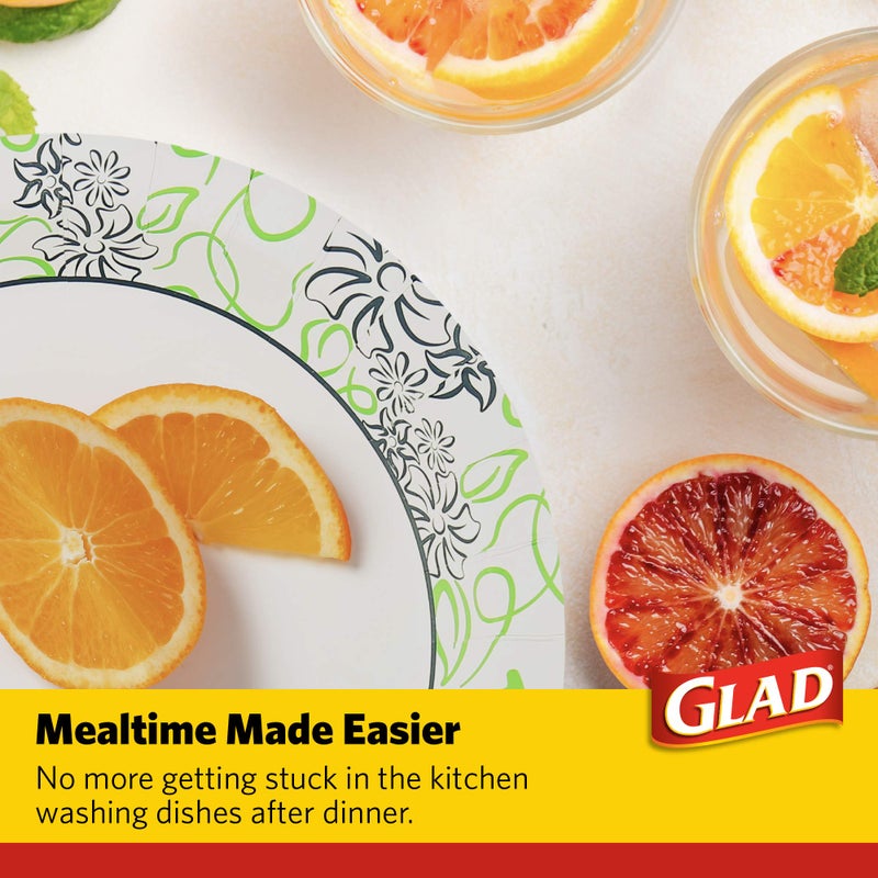 Glad 8 1/2-Inch Round Soak Proof Cut Resistant Microwavable Disposable Everyday Use-White Blue & Green Design  Heavy Duty Paper Plates  50 Count  Whimsical Floral Design - Image 5