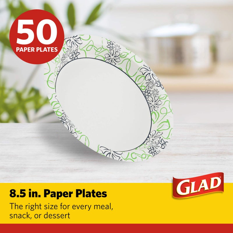 Glad 8 1/2-Inch Round Soak Proof Cut Resistant Microwavable Disposable Everyday Use-White Blue & Green Design  Heavy Duty Paper Plates  50 Count  Whimsical Floral Design - Image 2