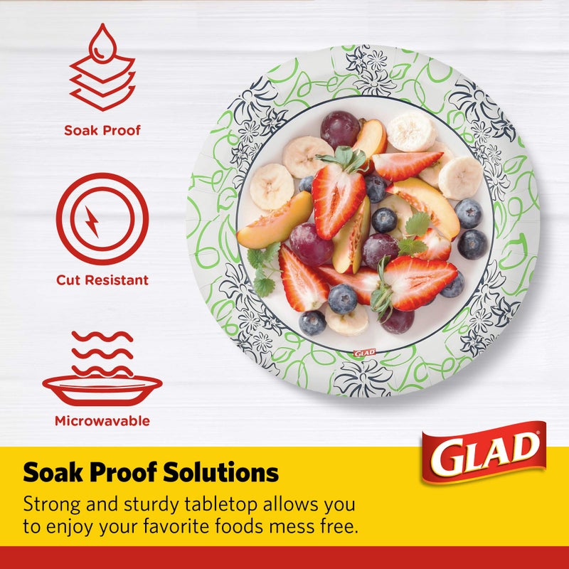 Glad 8 1/2-Inch Round Soak Proof Cut Resistant Microwavable Disposable Everyday Use-White Blue & Green Design  Heavy Duty Paper Plates  50 Count  Whimsical Floral Design - Image 3