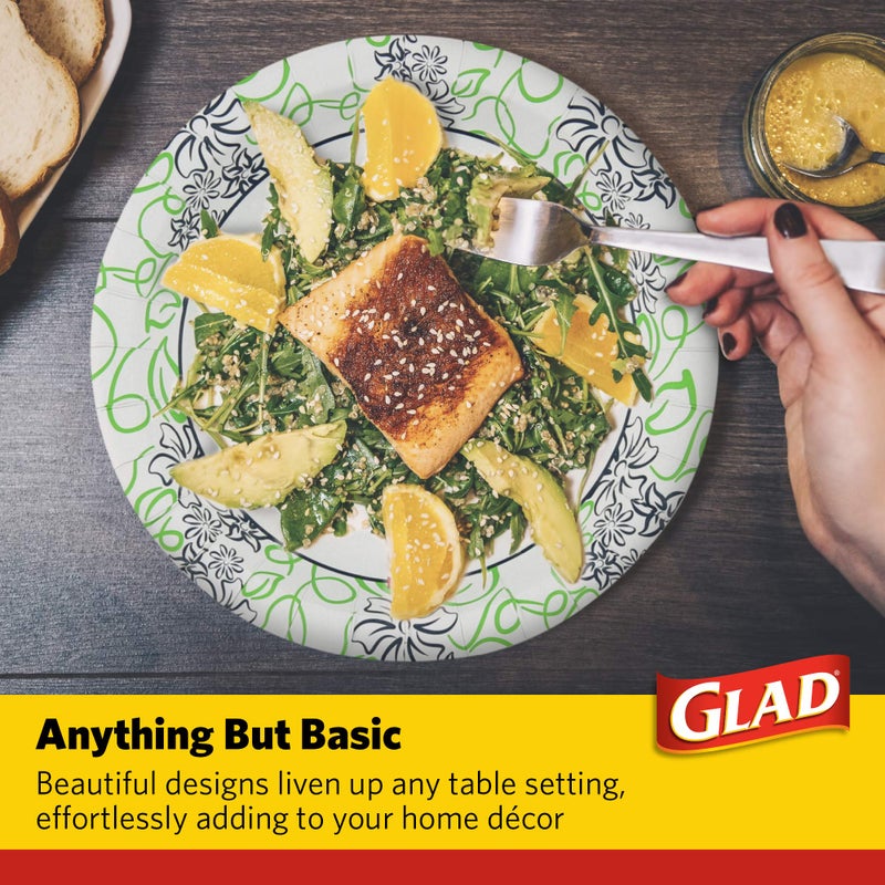 Glad 8 1/2-Inch Round Soak Proof Cut Resistant Microwavable Disposable Everyday Use-White Blue & Green Design  Heavy Duty Paper Plates  50 Count  Whimsical Floral Design - Image 4