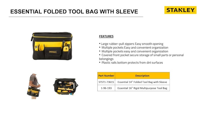 STANLEY STST173615 14 Polyester Tool Bag with Sleeve and Multiple Pockets for Easy Convenient Storage 1 Year Warranty Yellow Black - Image 5
