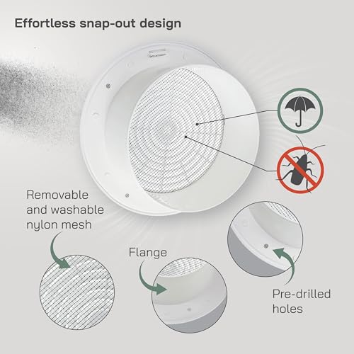Vent Systems أنظمة التهوية 6 بوصة - أبيض - بلاستيك - شبكة سقف قابلة للتفكيك - فتحة تهوية هواء دائرية - غطاء شواية - شاشة نايلون - فتحات HVAC للحمام، المكتب المنزلي، المطبخ - Image 3