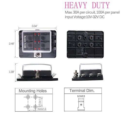 Jtron صندوق فيوزات 6 طرق للسيارات مع فيوزات شفرات DC12~32V صندوق تقاطع 12V مؤشر LED لصندوق الفيوز لحماية الفيوز المحترق 100 أمبير للسيارات والقوارب والبحرية والدراجات الثلاثية - Image 5