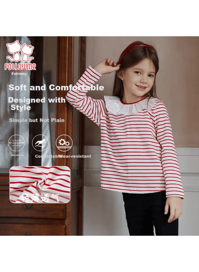 Follow Me Girls' Long Sleeve T-shirt Spring Autumn Stylish Striped Top For Little Girls Versatile Base Shirt Red And White Stripes Size 110