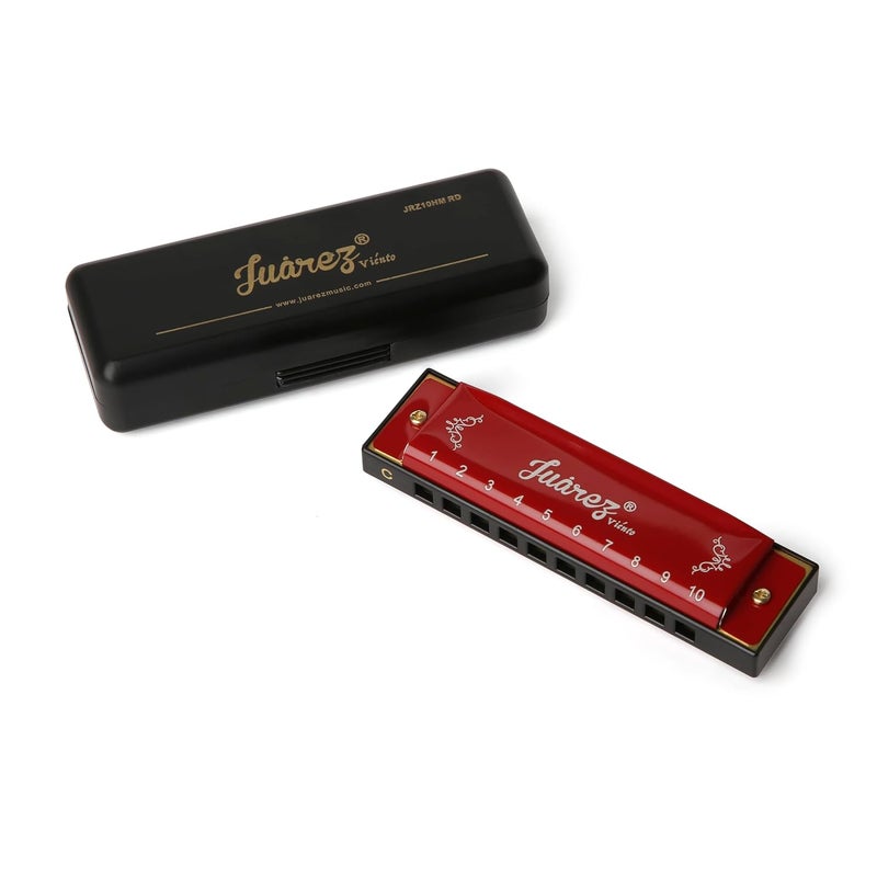 Juarez JRZ10HM/RD Key C Diatonic Blues Harmonica 10 Hole 20 Tones with Case, Mouth Organ for Beginners, Students, Kids & Professionals Red - Image 1
