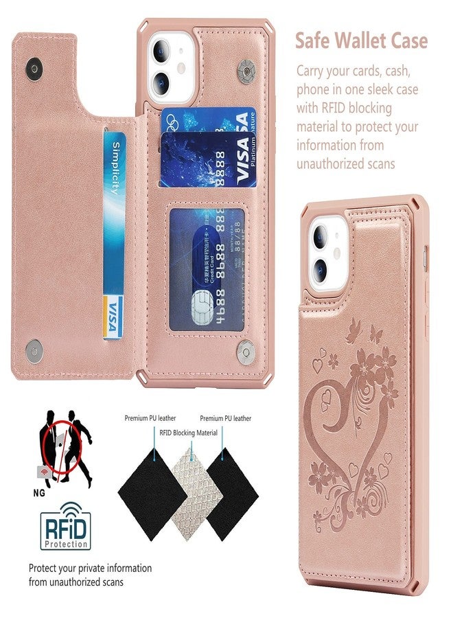 آي كوفر كايس جراب iCoverCase متوافق مع هاتف iPhone 11، جراب محفظة مع حامل بطاقات للنساء، جراب جلد PU منقوش مانع لتقنية RFID مع حزام معصم، مقاس 6.1 بوصة (لون ذهبي وردي على شكل قلب) - Image 3