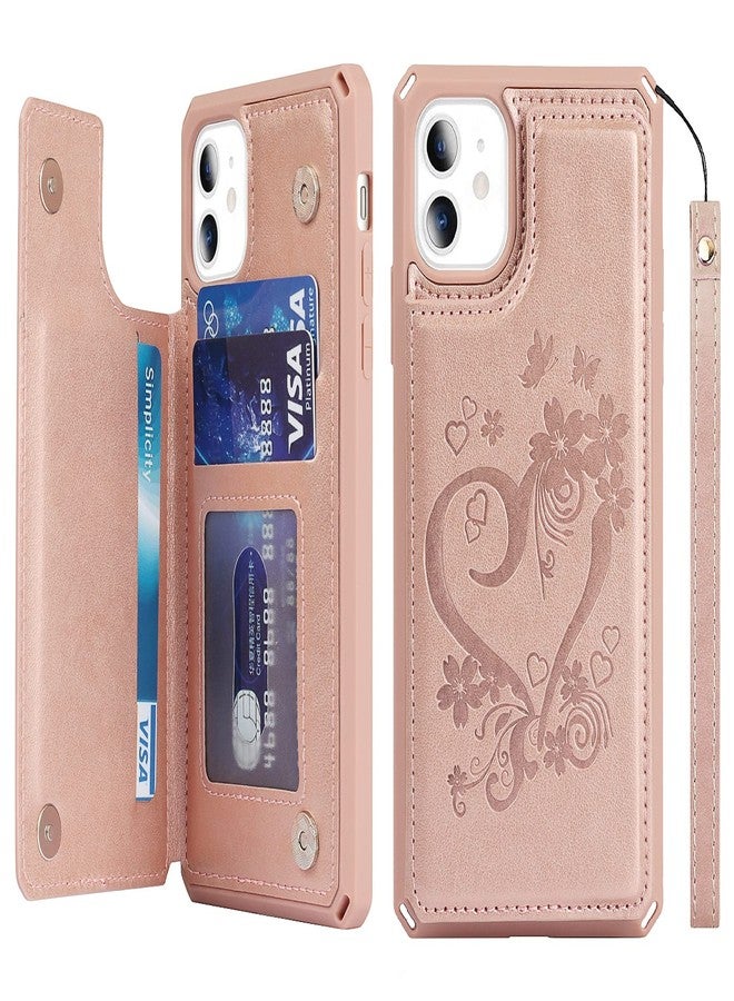 آي كوفر كايس جراب iCoverCase متوافق مع هاتف iPhone 11، جراب محفظة مع حامل بطاقات للنساء، جراب جلد PU منقوش مانع لتقنية RFID مع حزام معصم، مقاس 6.1 بوصة (لون ذهبي وردي على شكل قلب) - Image 1