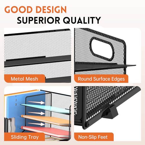 DALTACK Mesh Desk Organizer, 5-Tier Paper Letter Tray with File Holder & Pen Holder & Sliding Drawer, Desktop Organizer and Storage for Desk Accessories Office Supplies, Black - Image 5