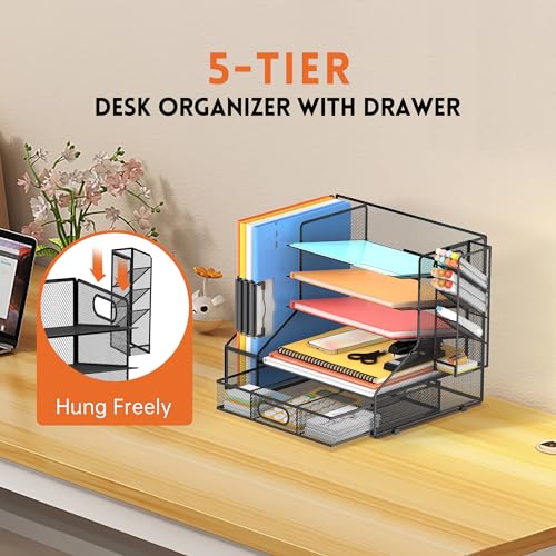 DALTACK Mesh Desk Organizer, 5-Tier Paper Letter Tray with File Holder & Pen Holder & Sliding Drawer, Desktop Organizer and Storage for Desk Accessories Office Supplies, Black - Image 4