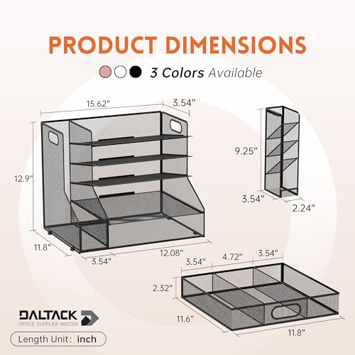 DALTACK Mesh Desk Organizer, 5-Tier Paper Letter Tray with File Holder & Pen Holder & Sliding Drawer, Desktop Organizer and Storage for Desk Accessories Office Supplies, Black - Image 3