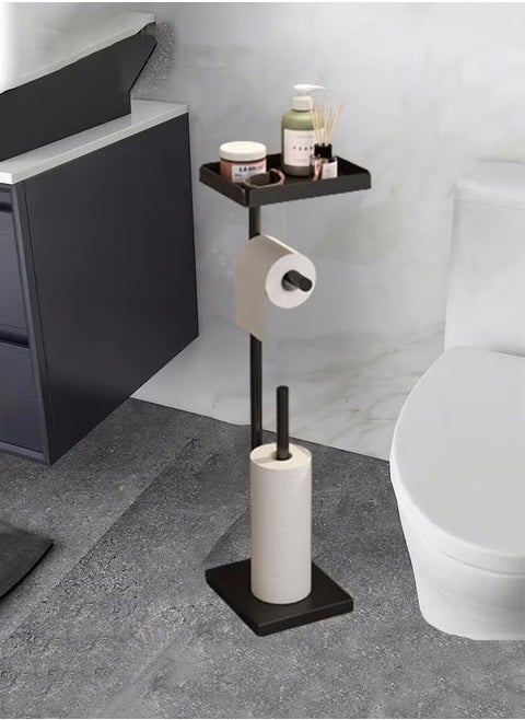 Black Toilet Paper Holder Stand Free Standing Toilet Paper Storage Holder with Shelf Bathroom Floor Toilet Paper Roll Holder Stand Up Tissue Toilet Paper Dispenser