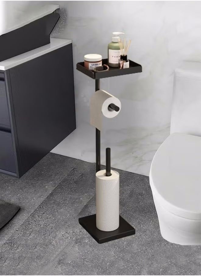 VarietyVoyageD Black Toilet Paper Holder Stand Free Standing Toilet Paper Storage Holder with Shelf Bathroom Floor Toilet Paper Roll Holder Stand Up Tissue Toilet Paper Dispenser  - Image 1