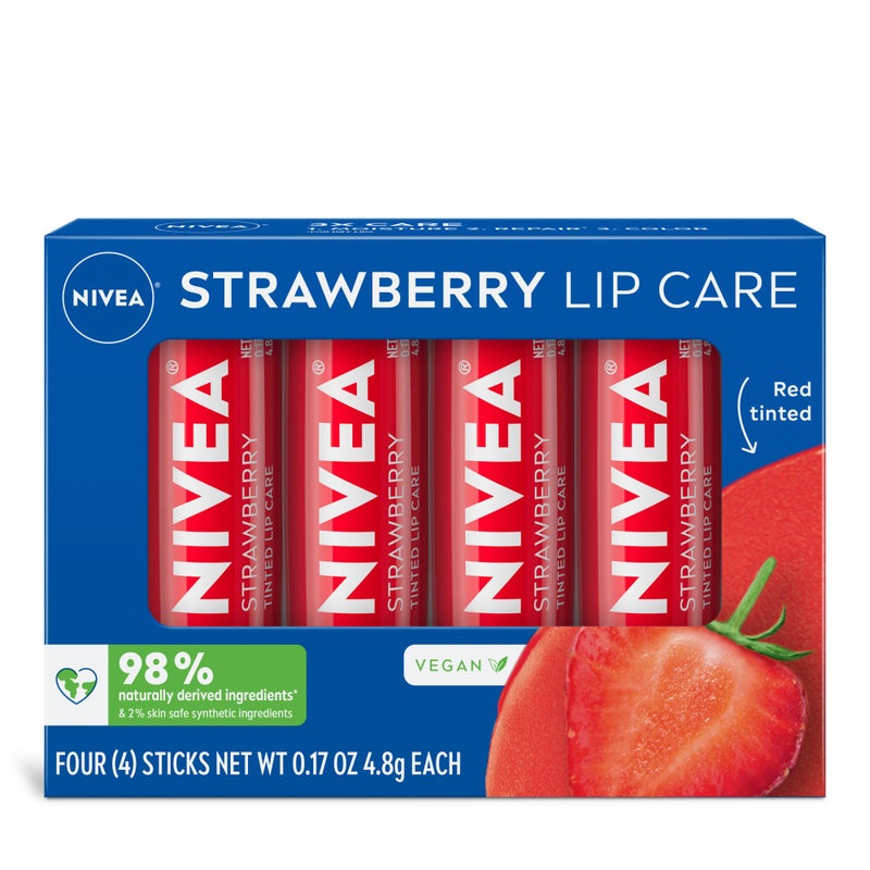NIVEA Strawberry Lip Care, Red Tinted Lip Balm Pack with Shea Butter, Nourishing Oils and Vitamin C & E, 3-in-1 Moisture, Repair and Color, 0.17 Oz Stick, Pack of 4 - Image 1