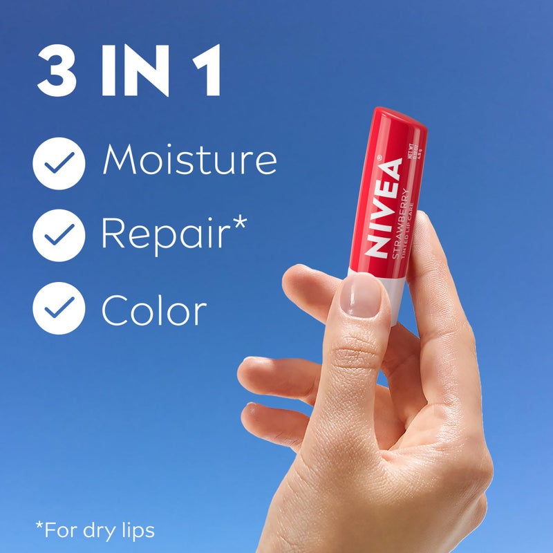 NIVEA Strawberry Lip Care, Red Tinted Lip Balm Pack with Shea Butter, Nourishing Oils and Vitamin C & E, 3-in-1 Moisture, Repair and Color, 0.17 Oz Stick, Pack of 4 - Image 3