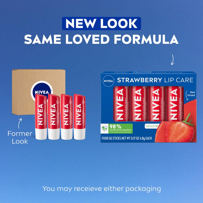 NIVEA Strawberry Lip Care, Red Tinted Lip Balm Pack with Shea Butter, Nourishing Oils and Vitamin C & E, 3-in-1 Moisture, Repair and Color, 0.17 Oz Stick, Pack of 4 - Image 2