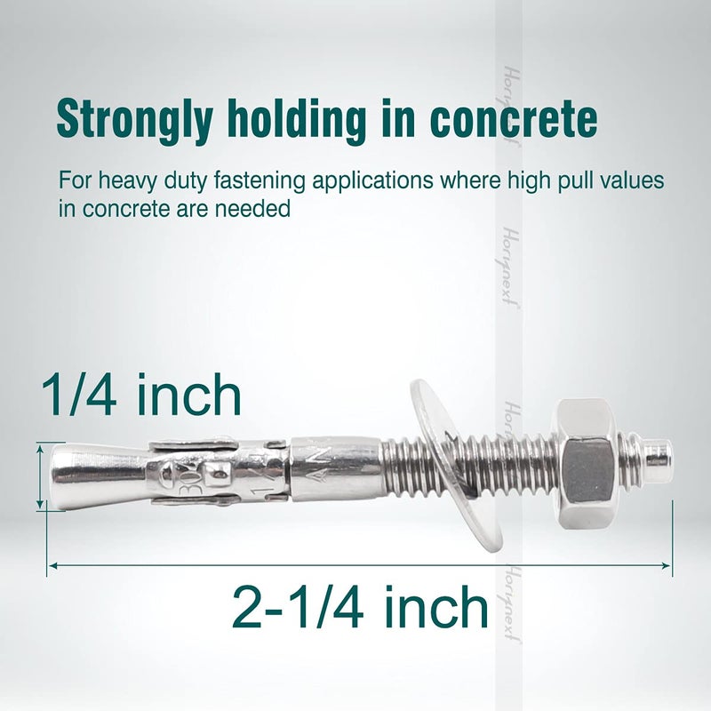 Horiznext 1/4" x 2-1/4" inch Stainless Steel Standard Strong Wedge Anchor, Fasteners for Concrete (4 pcs) - Image 2