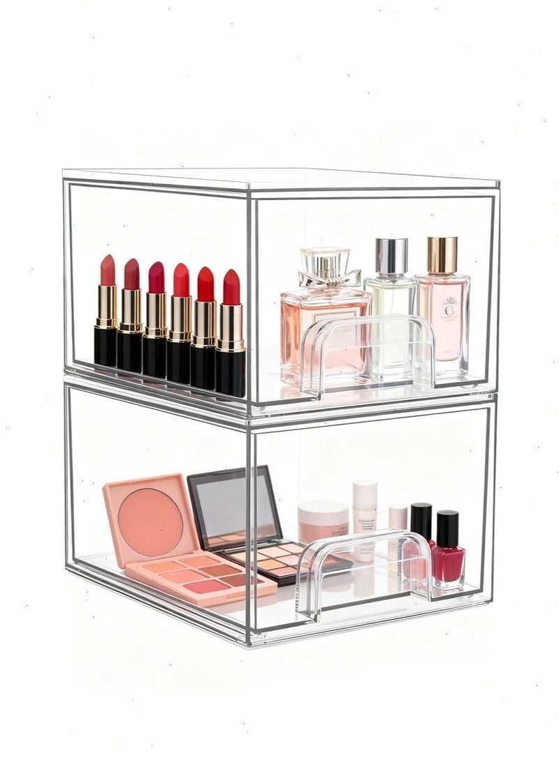 2-Piece Makeup Organizer Set, Clear Cosmetic Storage Box with Drawers - Dustproof Design for Vanity, Bathroom & Wardrobe, Multi-Scene Beauty Organizer Solution - Image 4