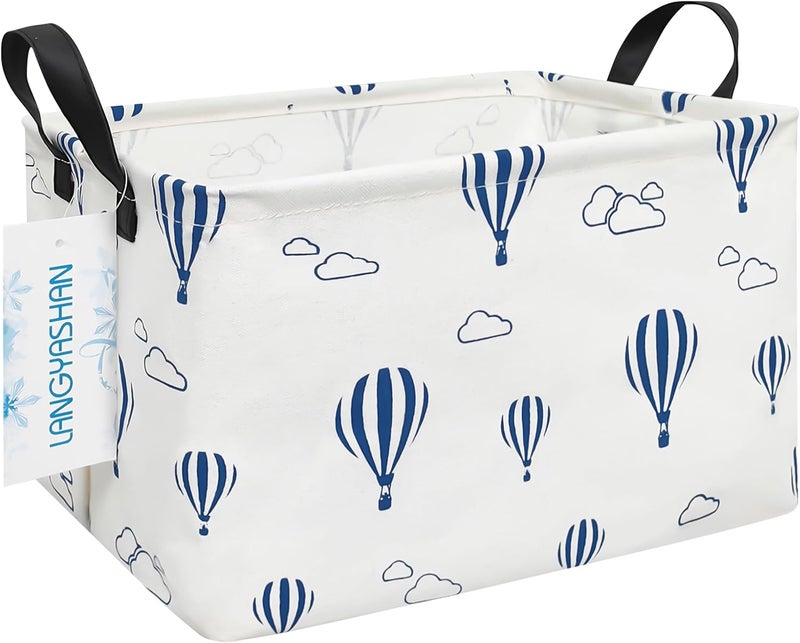 LANGYASHAN Rectangular Storage Bin Collapse Canvas Fabric Cartoon Storage Basket with Handles for Organizing Home Kitchen Boys and Girls Toys Office Closet Shelf Baskets (Rec Blue Balloon) - Image 1
