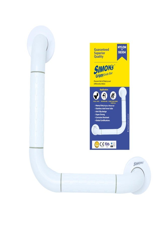 Simon's Grippy Heavy-Duty Nylon + SS304 Inside Bathroom and Toilet Anti Slip 90 Degree Grab bar for Elderly Hand Railing and Safety Handle| White | 3.5 cm Broad, 30 cm X 30 cm L-Shape Grab Rail - Image 1