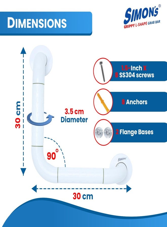 Simon's Grippy Heavy-Duty Nylon + SS304 Inside Bathroom and Toilet Anti Slip 90 Degree Grab bar for Elderly Hand Railing and Safety Handle| White | 3.5 cm Broad, 30 cm X 30 cm L-Shape Grab Rail - Image 2