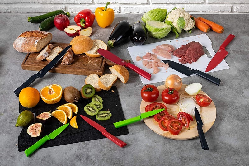 KUHN RIKON COLORI+ Non-Stick Straight and Serrated Paring Knives with Safety Sheaths, Set of 3, Red, Yellow and Green - Image 5