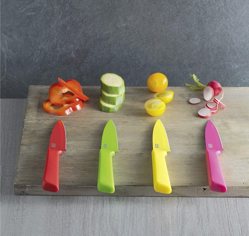 KUHN RIKON COLORI+ Non-Stick Straight and Serrated Paring Knives with Safety Sheaths, Set of 3, Red, Yellow and Green - Image 3