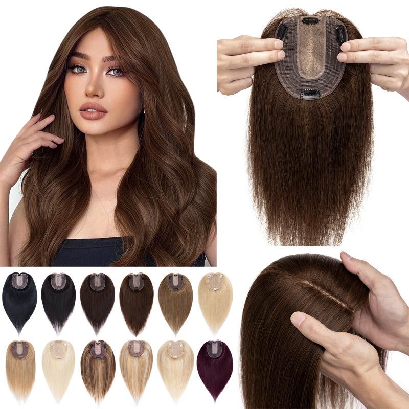 SEGO Hair Toppers for Women Real Human Hair No Bangs, 130% Density 10 * 12CM Silk Base Remy Clip in Top Wiglet Hairpieces Add Volume-10 Inch 04 Medium Brown - Image 2