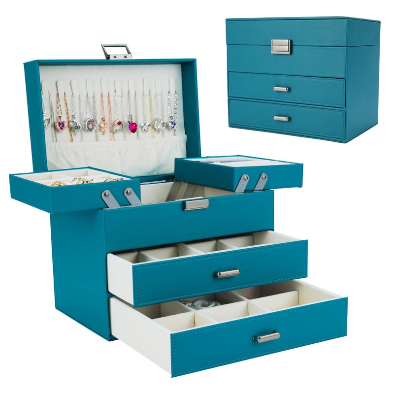 Dajasan Jewelry Box Organizer Jewelry Holder Organizer Box 4 Layers Leather Jewelry Storage Box Gift Idea for Women Girlfriends Wife or Mother Blue