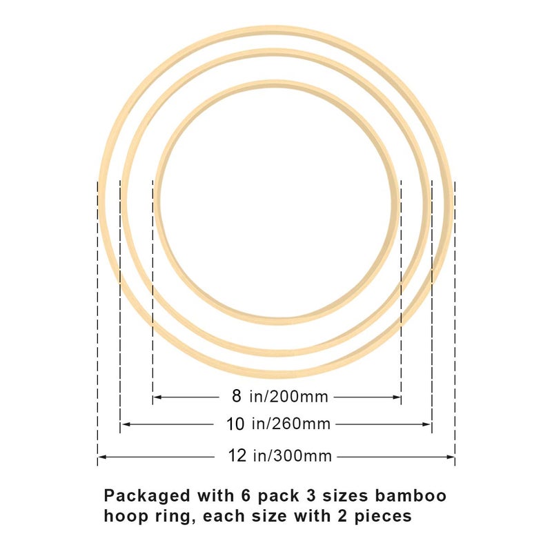 Worown 6 Pack Bamboo Floral Hoops, 3 Size Wooden Floral Wreath Rings for Making Wedding Wreath Decor and Wall Hanging Crafts (8, 10, 12 Inch) - Image 2