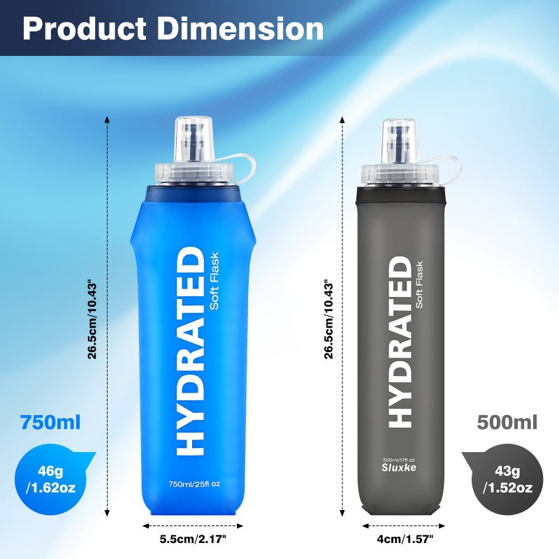 SLUXKE 3 Pack Soft Water Bottle, 25oz/750ml Flask Running Bottles for Hydration Packs, TPU Collapsible Reusable Handheld Flasks for Hiking Cycling Climbing - Image 5