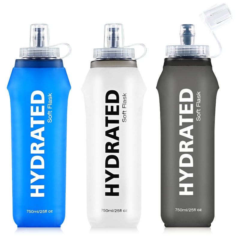 SLUXKE 3 Pack Soft Water Bottle, 25oz/750ml Flask Running Bottles for Hydration Packs, TPU Collapsible Reusable Handheld Flasks for Hiking Cycling Climbing - Image 1