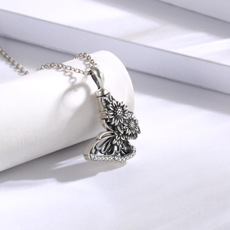 APOTIE Silver Butterfly Sunflower Urn Necklace - S925 Butterfly Ashes Keepsake Cremation Jewelry Memorial Gifts for Women Loss Loved One - Image 2