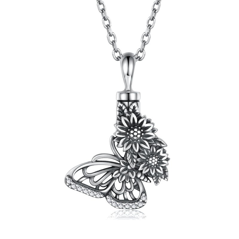 APOTIE Silver Butterfly Sunflower Urn Necklace - S925 Butterfly Ashes Keepsake Cremation Jewelry Memorial Gifts for Women Loss Loved One - Image 1