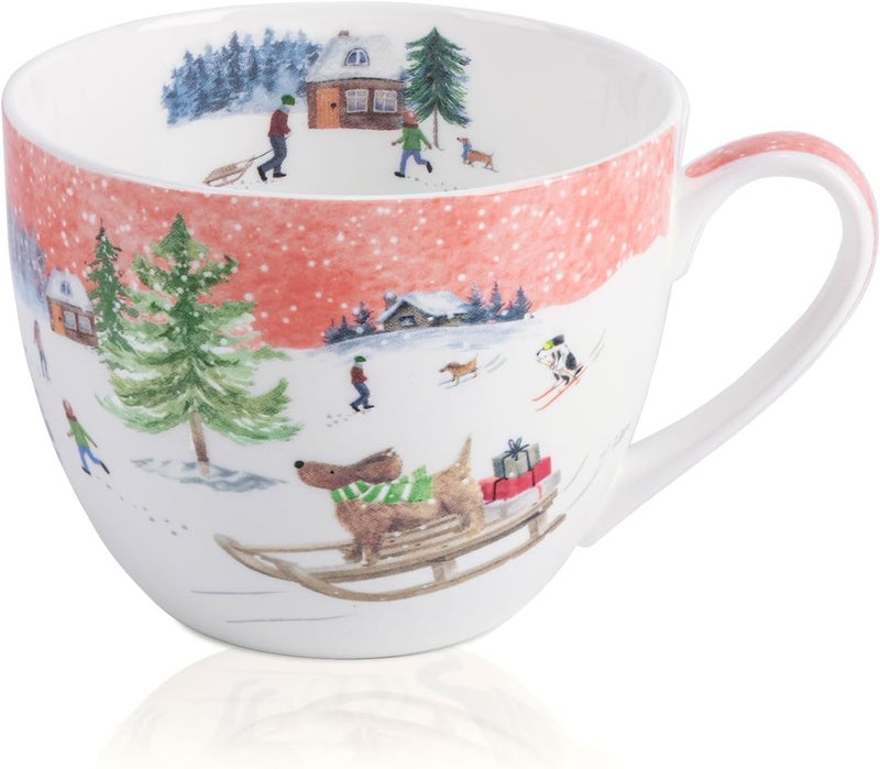 MFoffice Christmas Sled Dog Mug - 20 oz Bone China Coffee Tea Hug Mug with Pink Winter Sky & Snow Trees, Holiday and Christmas Gift for Friends & Family - Designed in England by Harvest Green Studio - Image 1