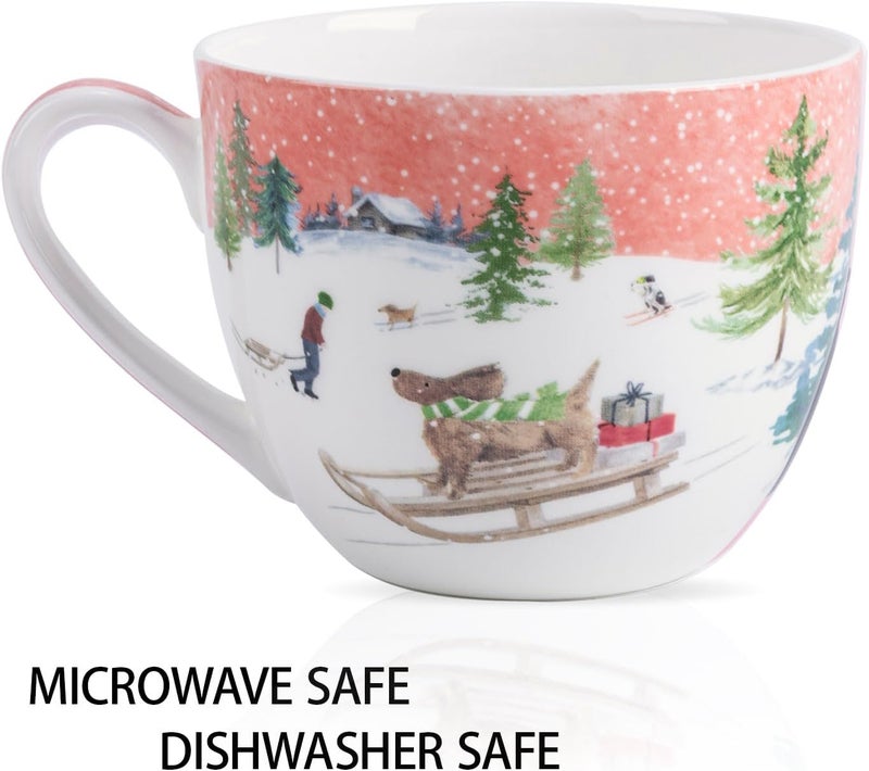 MFoffice Christmas Sled Dog Mug - 20 oz Bone China Coffee Tea Hug Mug with Pink Winter Sky & Snow Trees, Holiday and Christmas Gift for Friends & Family - Designed in England by Harvest Green Studio - Image 4