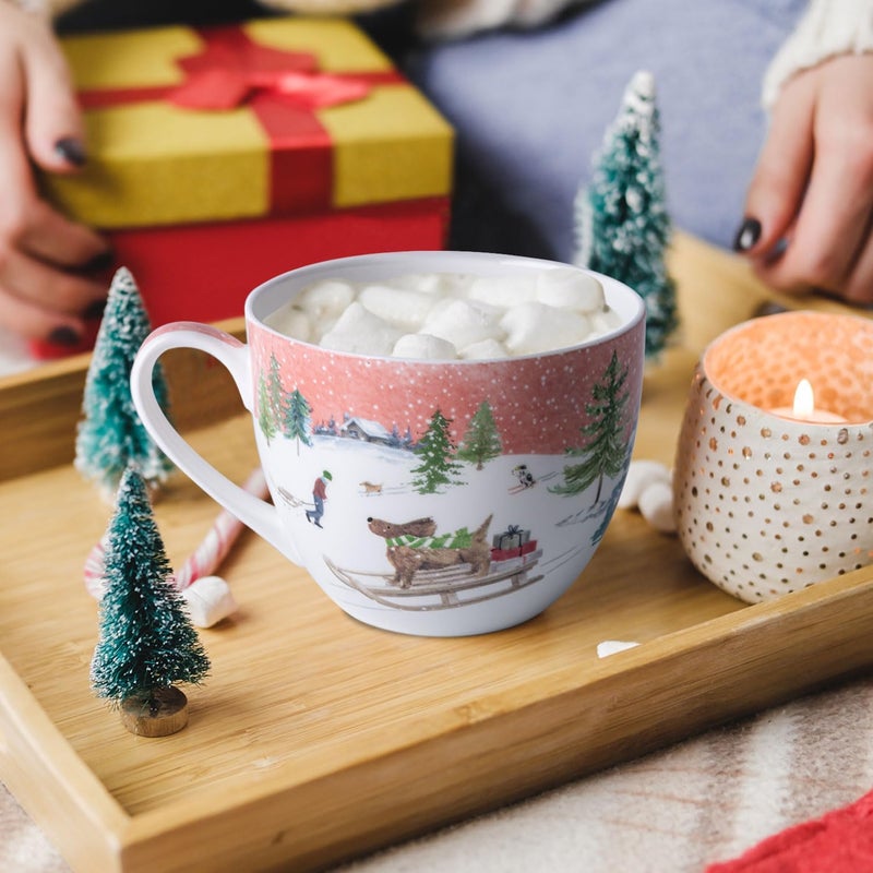 MFoffice Christmas Sled Dog Mug - 20 oz Bone China Coffee Tea Hug Mug with Pink Winter Sky & Snow Trees, Holiday and Christmas Gift for Friends & Family - Designed in England by Harvest Green Studio - Image 5