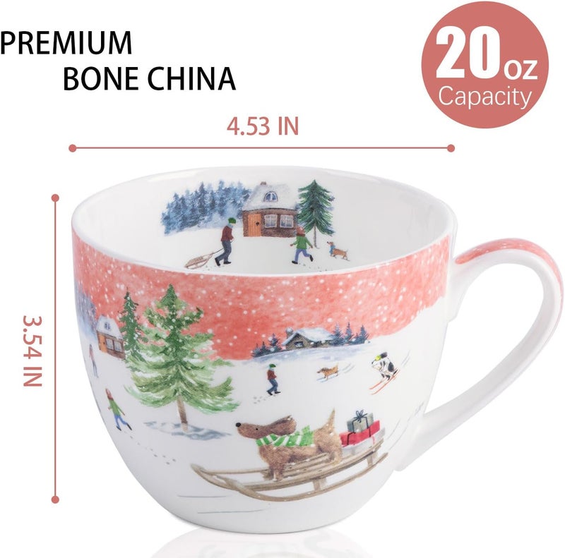 MFoffice Christmas Sled Dog Mug - 20 oz Bone China Coffee Tea Hug Mug with Pink Winter Sky & Snow Trees, Holiday and Christmas Gift for Friends & Family - Designed in England by Harvest Green Studio - Image 2
