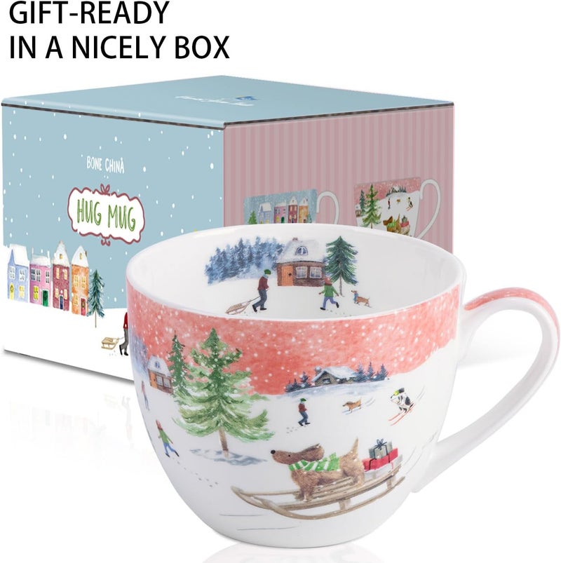 MFoffice Christmas Sled Dog Mug - 20 oz Bone China Coffee Tea Hug Mug with Pink Winter Sky & Snow Trees, Holiday and Christmas Gift for Friends & Family - Designed in England by Harvest Green Studio - Image 3