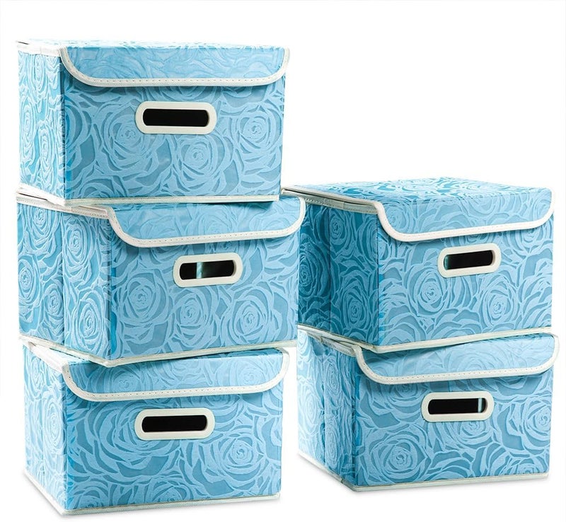 PRANDOM Collapsible Storage Boxes with Lids [5-Pack] Fabric Decorative Storage Bins Cubes Organizer Containers Baskets with Cover Handles Divider for Bedroom Closet Living Room Blue 9.8x7.9x6.7 Inch - Image 1
